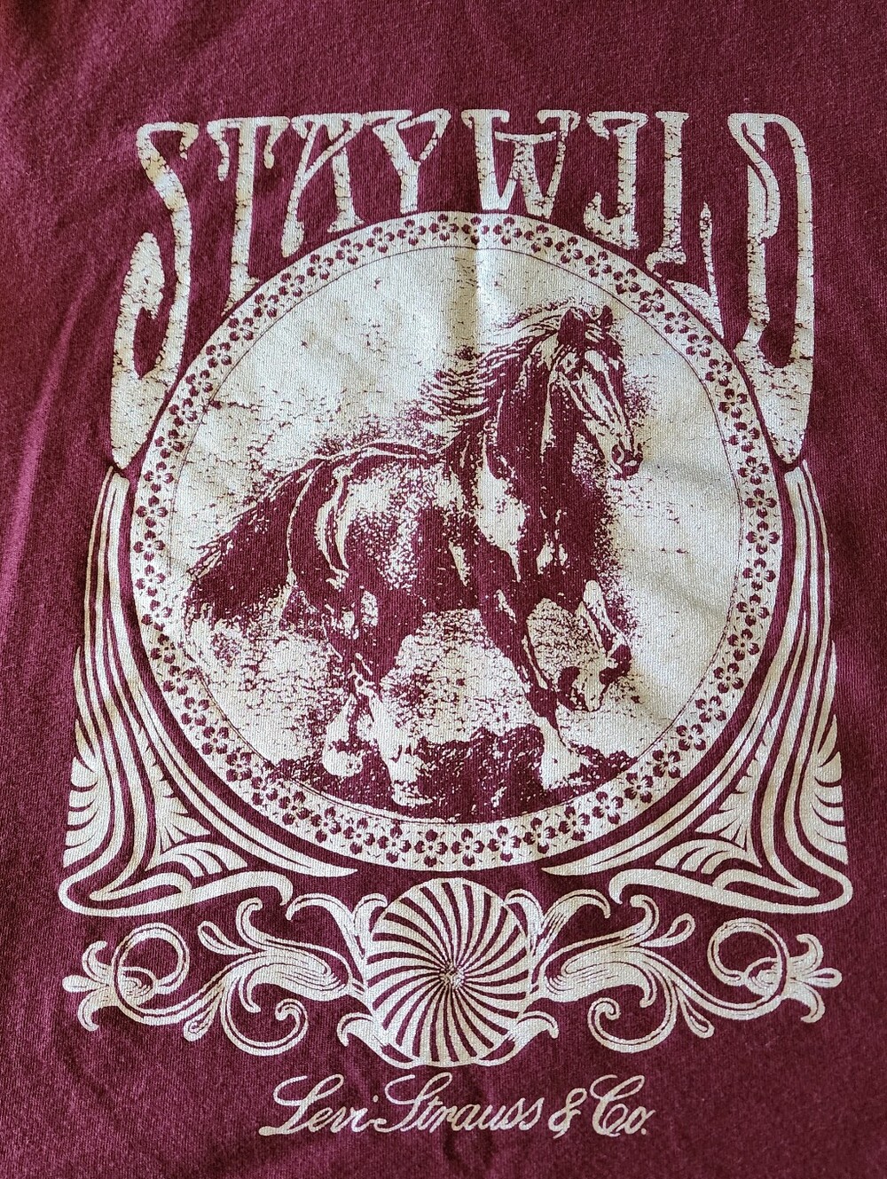 Levi's Maroon Short Sleeve Tee with Silver 'Stay Wild' Horse Graphic